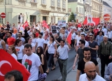 Demonstranten protestieren in Wien gegen das militärische Vorgehen Israels im Gaza-Streifen.