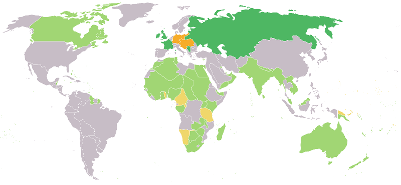Entente und Mittelmächte im ersten Weltkrieg, 4. August 1914<br>
grün: Entente und Verbündete<br>
orange: Mittelmächte und Verbündete<br>
