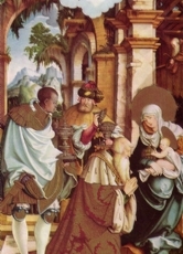 Dieses Dreikönigsbild des Meisters von Meßkirch entstand um 1538 und stellt die drei Weisen Kaspar, Melchior und Balthasar mit Maria und dem Jesuskind dar.