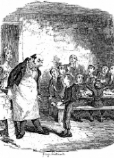 Illustration von George Cruikshank (1837), die den Waisen Oliver Twist zeigt