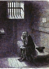 Diese Illustration von George Cruikshanks (Originalausgabe von 1837) stellt Fagin im Gefängnis dar.