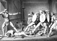 Mit einem Bogen, den nur er spannen kann, erschießt Odysseus seine Rivalen.