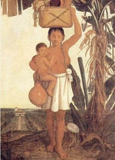 Darstellung einer Tupí-Indianerin aus dem 16. Jahrhundert. Die Tupí waren die größte Bevölkerungsgruppe unter den brasilianischen Ureinwohnern.