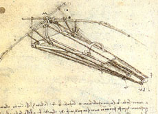 Diese Skizze Leonardos stellt Entwürfe seines Fluggeräts dar und stammt ungefähr aus dem Jahr 1488.