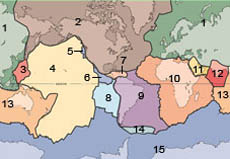 Tektonische Platten: 1 Eurasische, 2 Nordamerikanische, 3 Philipinische, 4 Pazifische, 5 Juan-de-Fuca, 6 Coccos, 7 Karibische, 8 Nazca,
9 Südamerikanische, 10 Afrikanische, 11Arabische, 12 Indische, 13 Australische, 14 Scotia, 15 Antarktische Platte