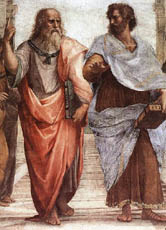 Der berühmte griechische Philosoph Platon (links) mit seinem Schüler Aristoteles