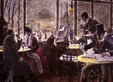Kaffeehaus in Berlin (Gemälde von Paul Hoeniger): Das Kaffeehaus wurde in Europa ab dem 17. Jahrhundert Treffpunkt von politischen, künstlerischen und intellektuellen Gruppierungen.