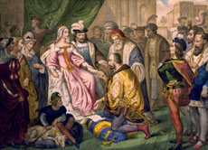 Christoph Kolumbus vor der spanischen Königin Isabella kniend.