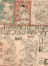 Seite aus dem "Dresdner Codex": mithilfe dieser originalen Maya-Handschrift gelang es, das Zahlen- und Kalendersystem der Maya zu entschlüsseln.