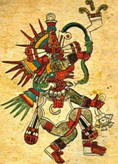 Die Maya und die Azteken hatten teilweise gleiche oder ähnliche Götter: die Entsprechung zur Maya-Gottheit "Kukulkan" ist der hier abgebildete aztekische Gott "Quetzalcoátl".