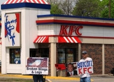 Ein Boykott kann sich zum Beispiel an Verbraucher richten, die bestimmte Produkte oder Unternehmen ächten sollen. Hier rufen Tierschützer zu einem Boykott der Fastfood-Kette Kentucky Fried Chicken auf und machen auf die Misshandlung von Hühnern aufmerksam.