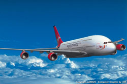 Noch schwebt der A 380 nur als Computer-Simulation über den Wolken. Aber schon 2006 kannst du wirklich mitfliegen.