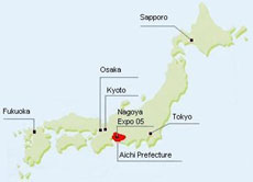 Auf der Karte siehst du Japan. Das Gebiet um die Expo 2005 ist rot eingezeichnet.
